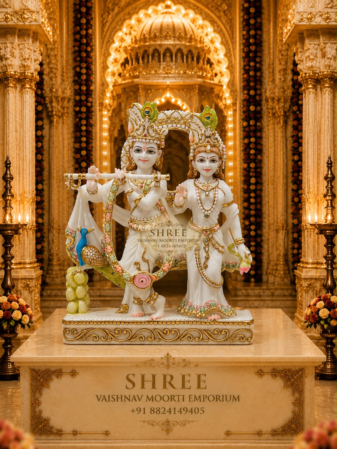 Premium White Marble Radha Krishna Murti Set | Luxury Handcrafted Marble Radha Krishna Idol for Home & Temple