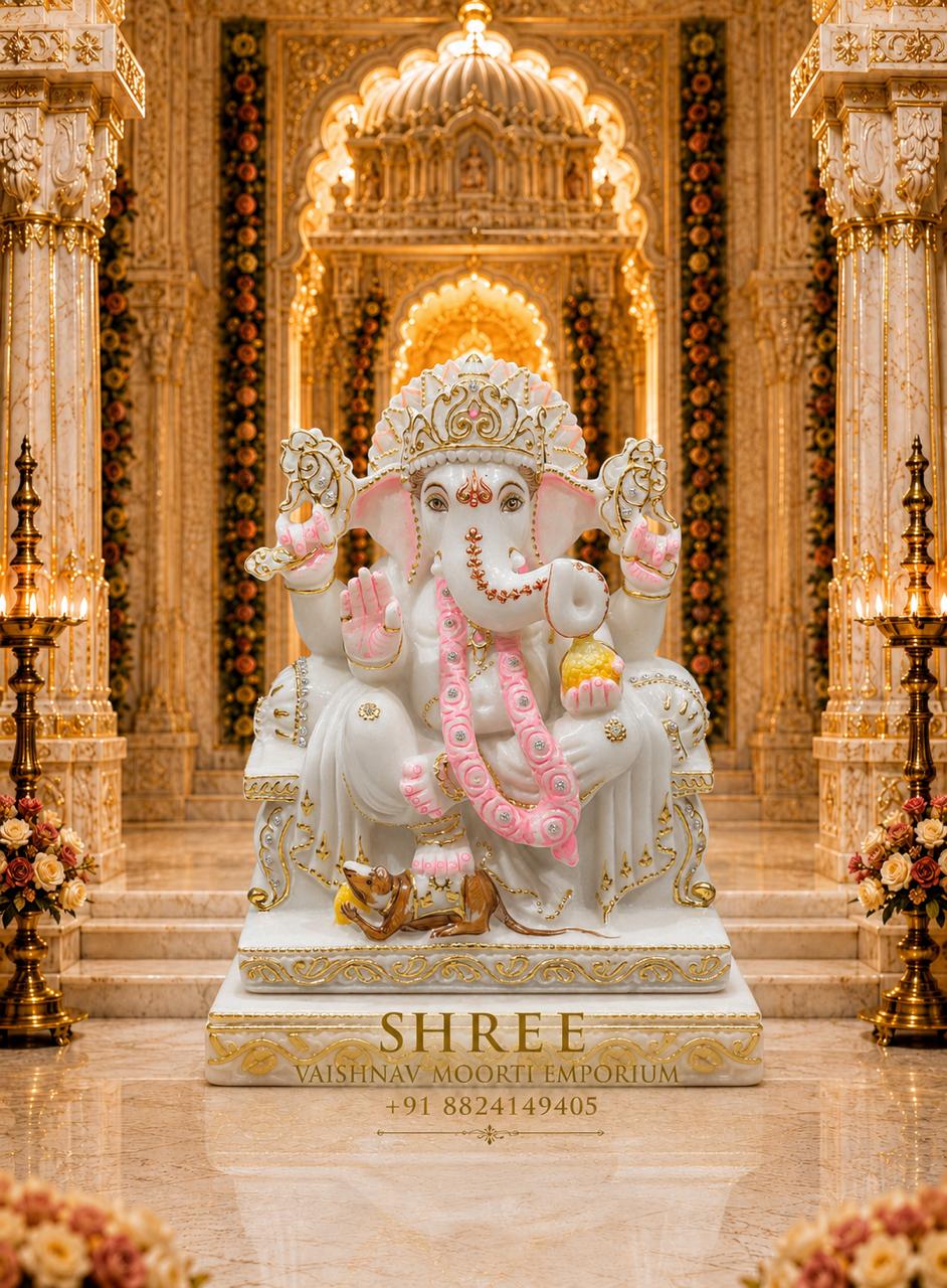 Premium White Marble Lord Ganesha Murti | Luxury Handcrafted Ganpati Marble Idol for Home & Temple