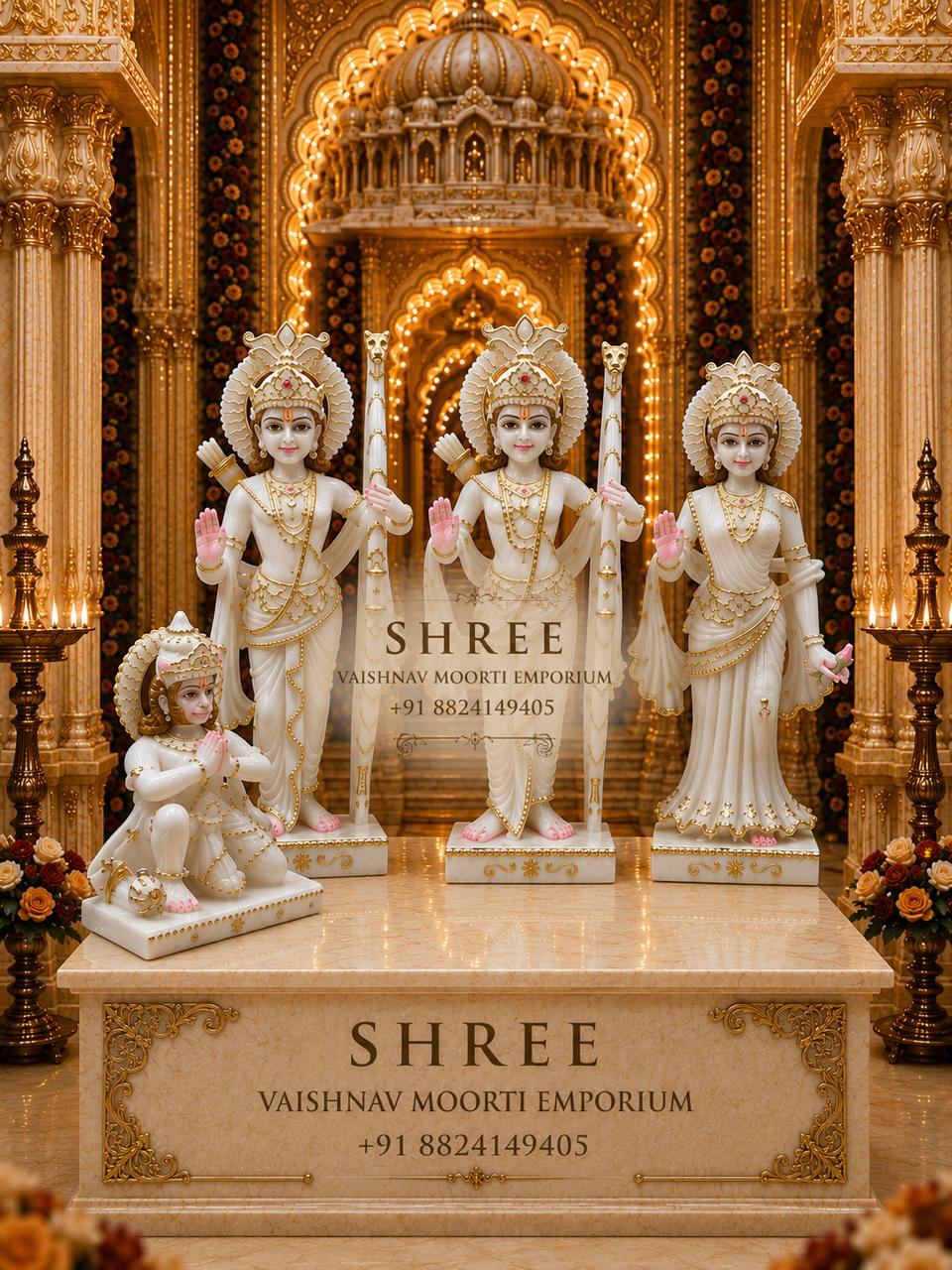 Premium White Marble Ram Darbar Murti Set | Handcrafted Marble Ram Parivar Idol with Hanuman for Home & Temple