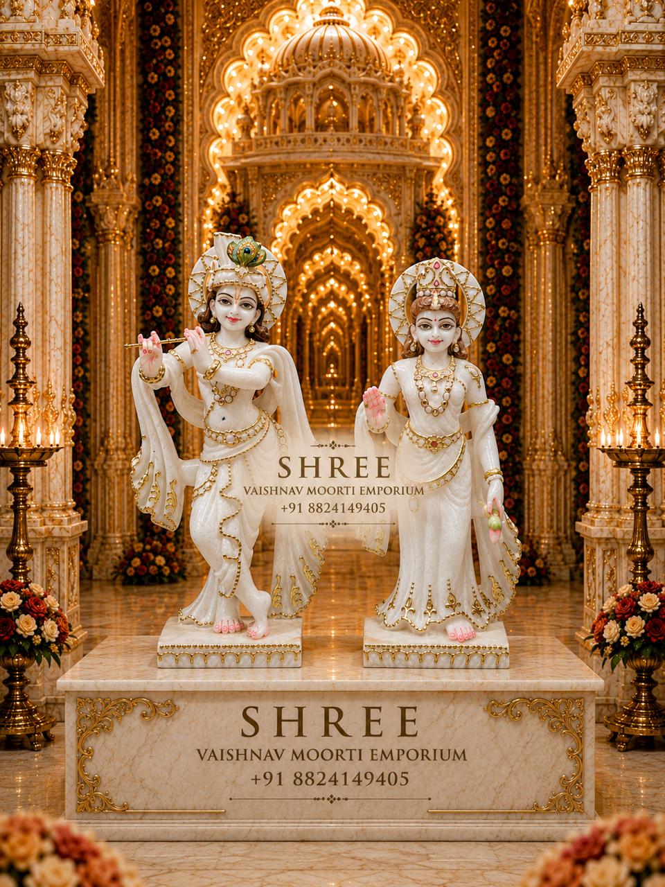 Premium White Marble Radha Krishna Murti Set | Handcrafted Marble Radha Krishna Idol for Home & Temple