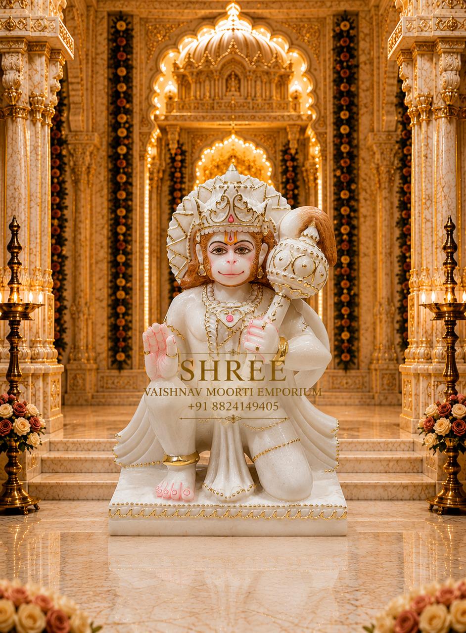 Premium White Marble Hanuman Ji Murti | Handcrafted Marble Bajrangbali Idol for Home & Temple