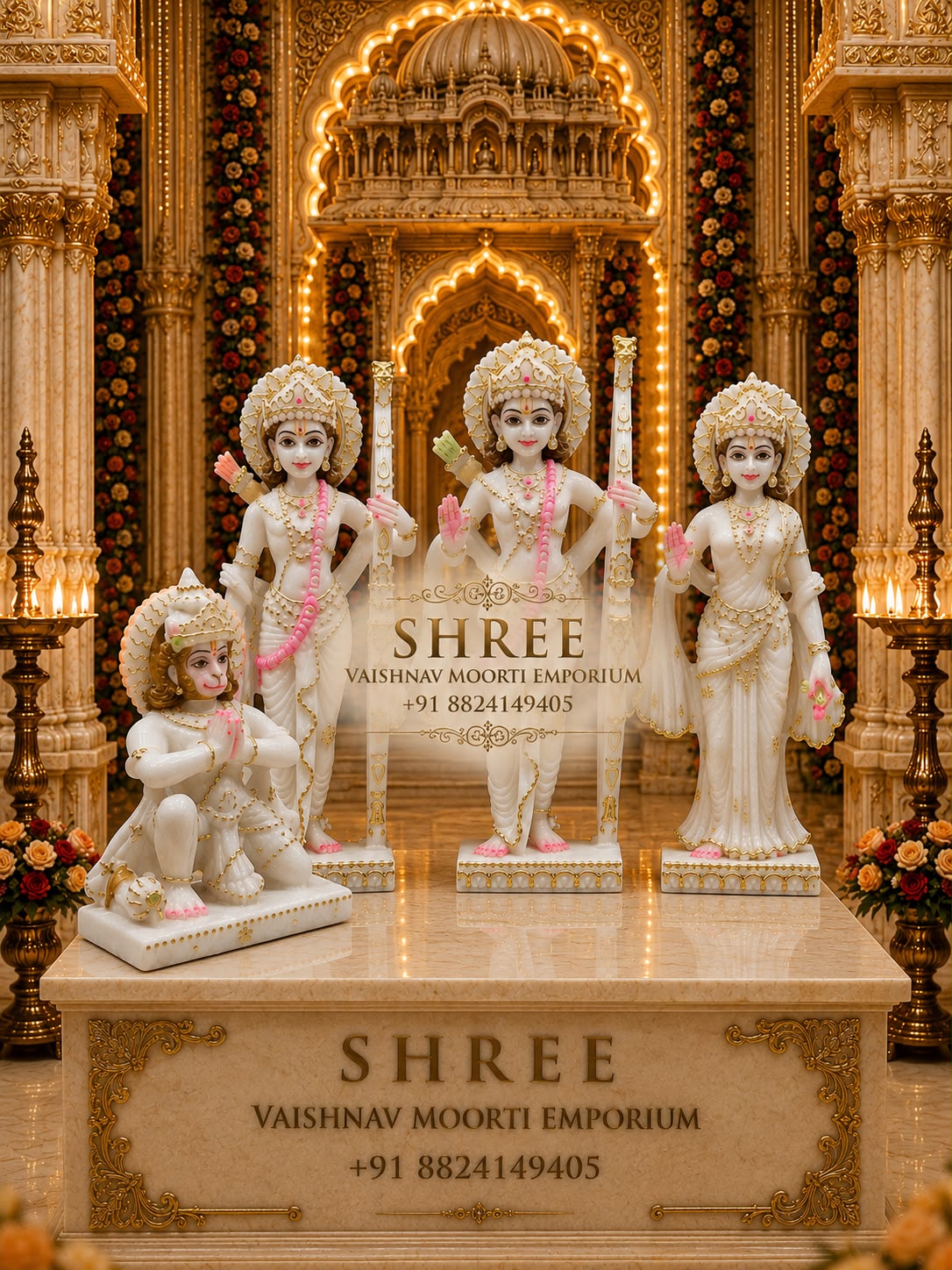 Premium White Marble Ram Darbar Murti Set | Handcrafted Marble Ram Parivar Idol with Hanuman for Home & Temple
