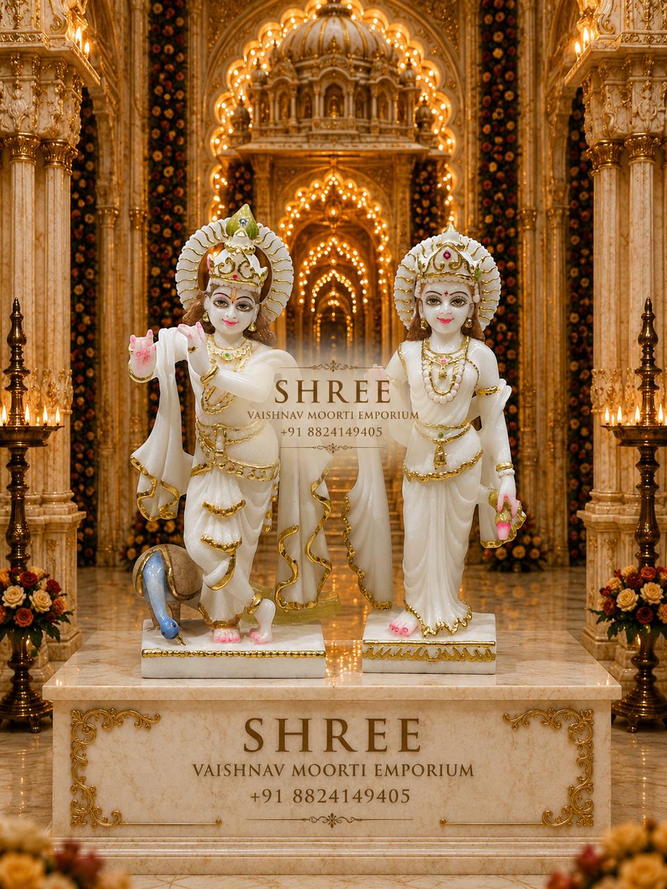 Premium White Marble Radha Krishna Murti Set | Handcrafted Marble Krishna Radha Idol for Home & Temple