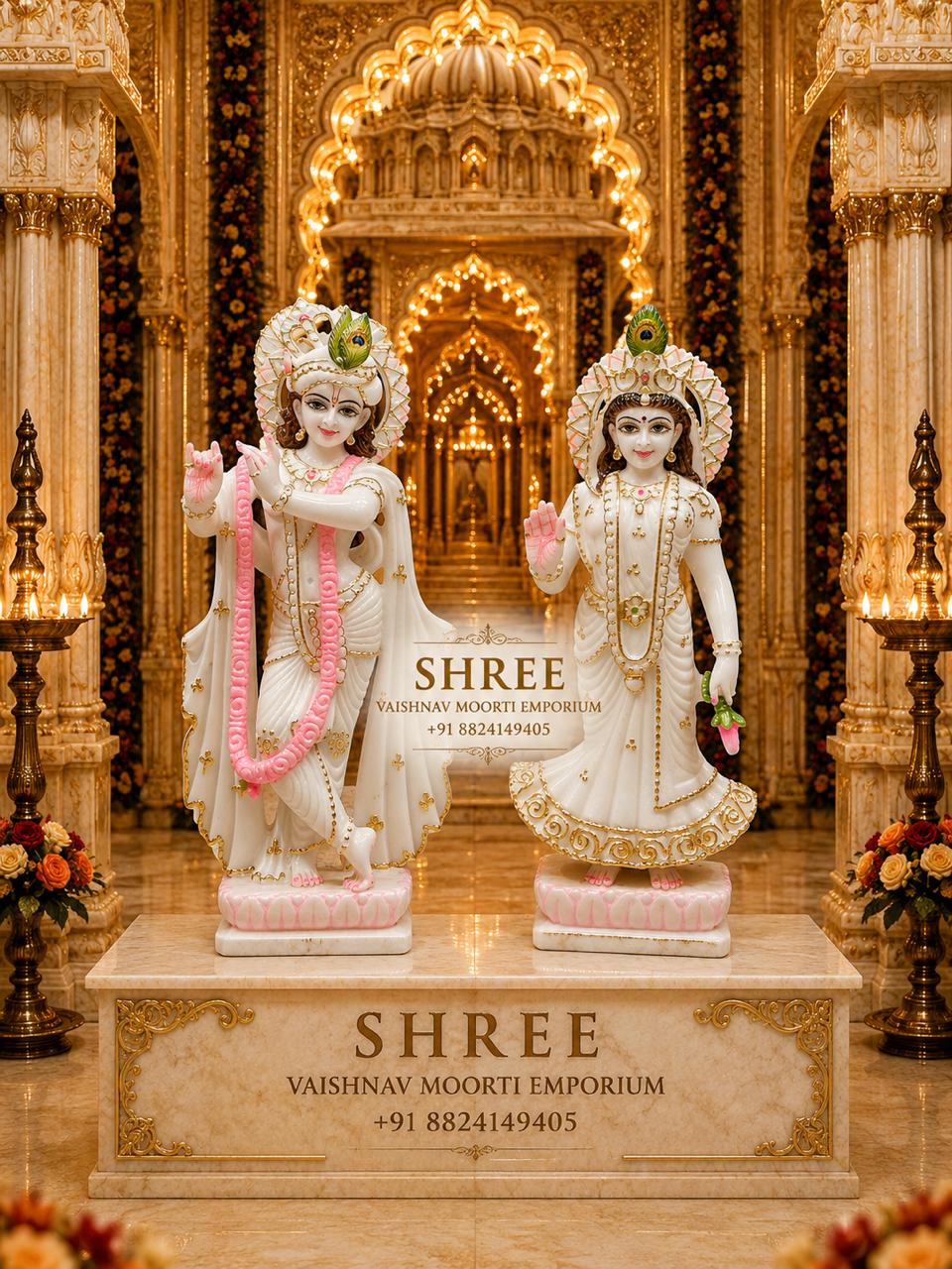 Premium White Marble Radha Krishna Murti Set | Handcrafted Marble Radha Krishna Idol for Home & Temple
