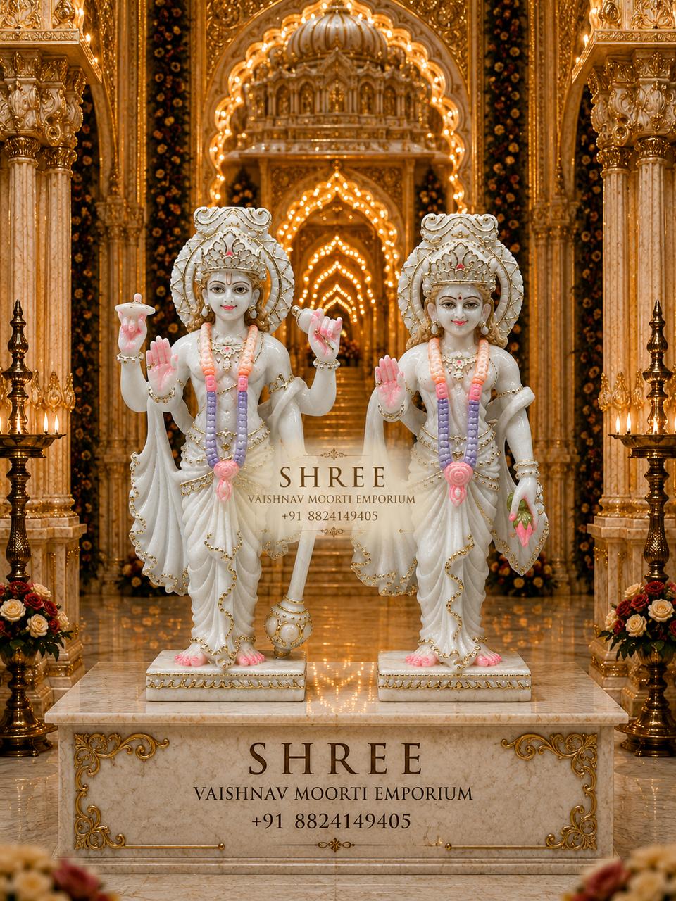 Premium White Marble Lakshmi Narayan Murti Set | Handcrafted Marble Vishnu Lakshmi Idol for Home & Temple