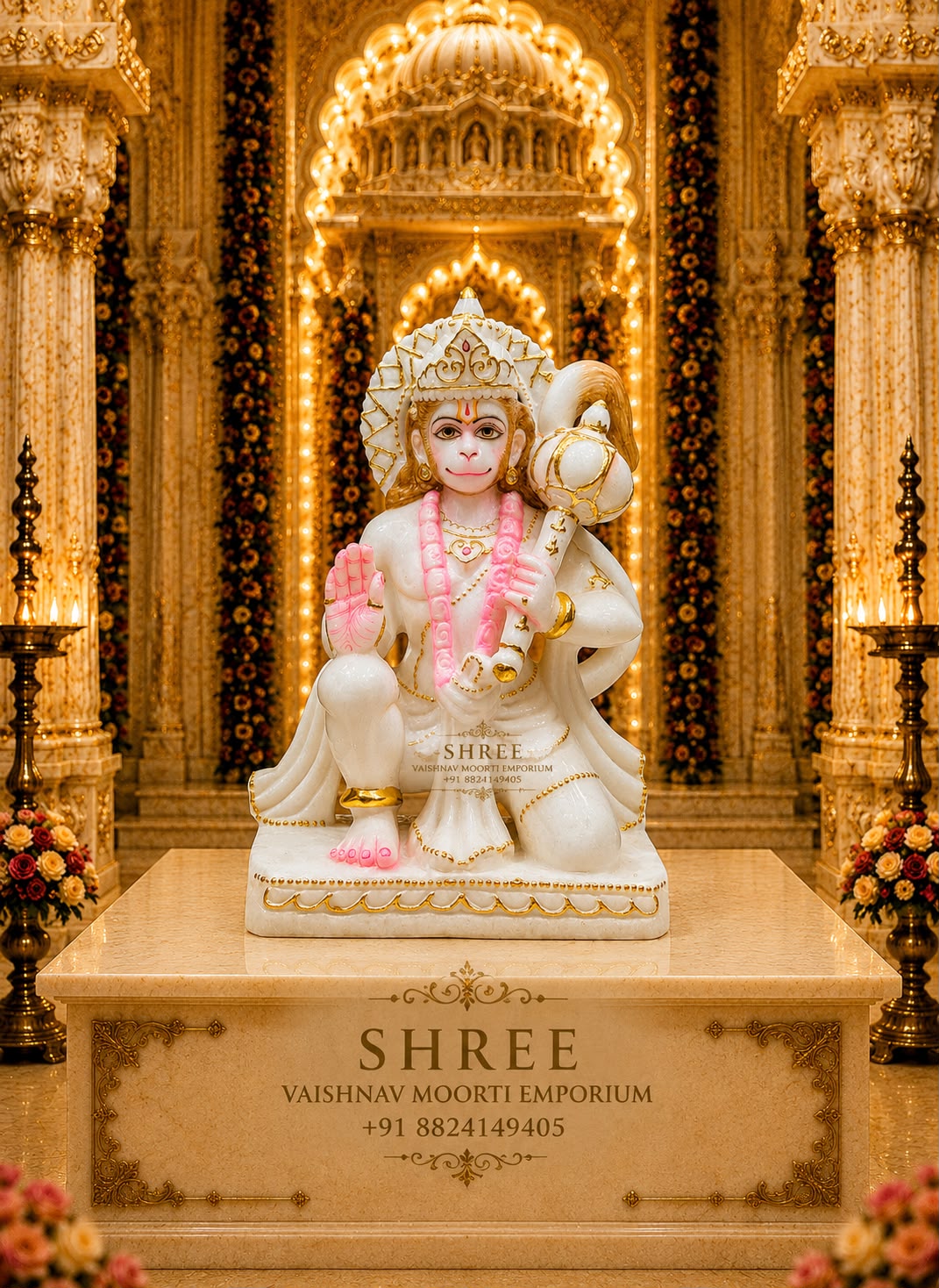 Premium White Marble Hanuman Ji Murti | Handcrafted Marble Bajrangbali Idol with Gada for Home & Temple