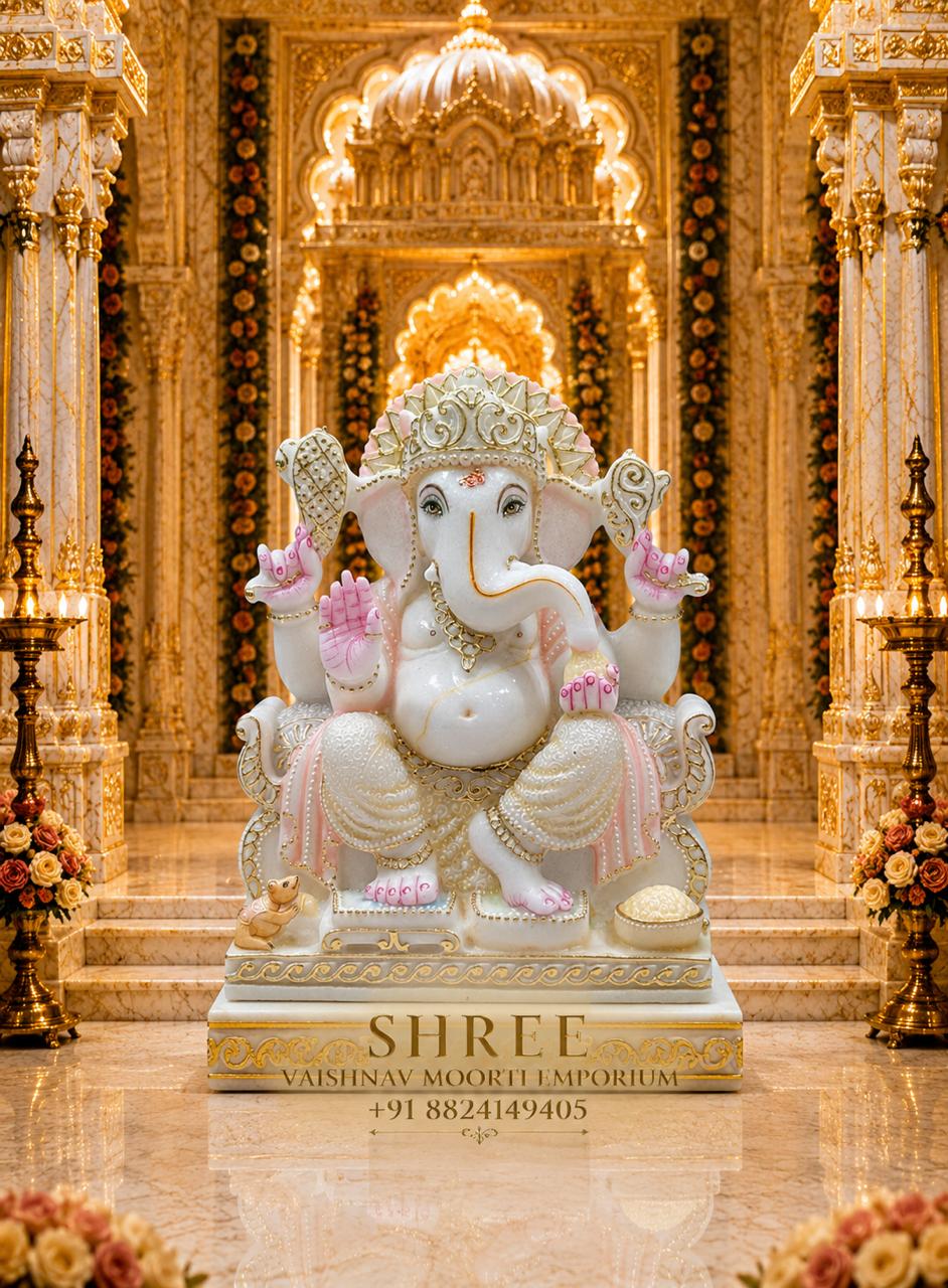 Premium White Marble Lord Ganesha Murti | Elegant Handcrafted Ganpati Marble Idol for Home & Temple