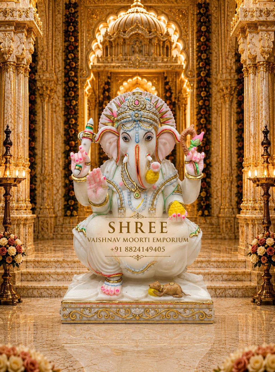 Premium White Marble Lord Ganesha Murti | Color Handcrafted Ganpati Marble Idol for Home & Temple